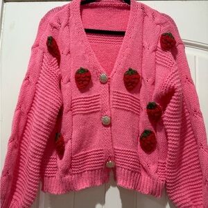 Pink Ribbed Knit Cardigan with Strawberry Details